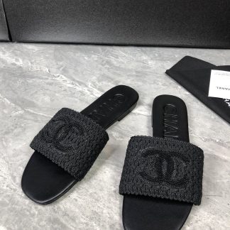 Chanel Deep Black New Fabric Sheepskin Slippers