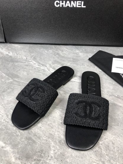 Chanel Deep Black New Fabric Sheepskin Slippers