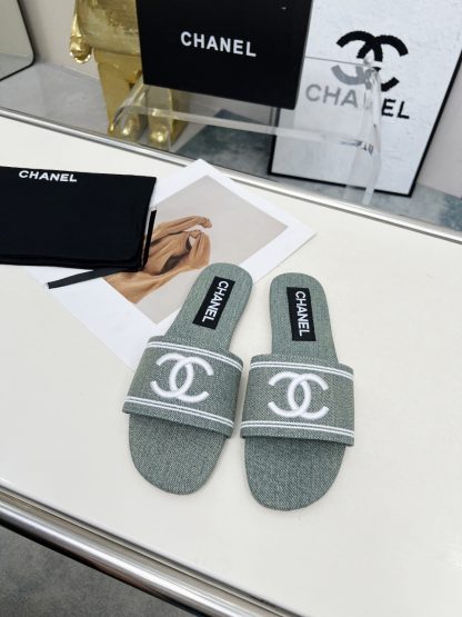 Chanel new light grey fabric sheepskin slippers
