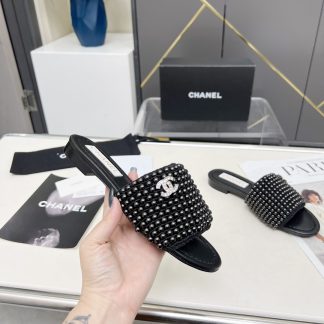 Chanel Spring/Summer Black Dance Shoes Collection Sewn Pearl Vintage Slippers