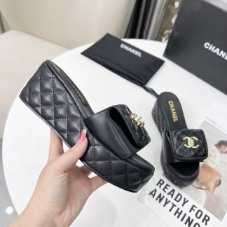Chanel black spring and summer series European and American catwalk new slippers heel height 6.5