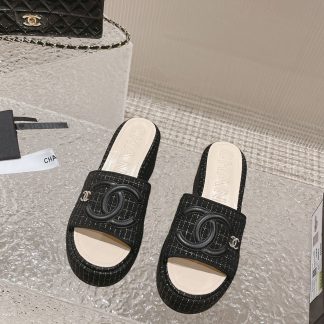 Chanel summer classic black double c design stylish and comfortable slippers front 3cm back 7cm