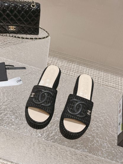 Chanel summer classic black double c design stylish and comfortable slippers front 3cm back 7cm