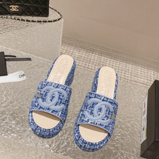 Chanel summer classic blue double c design stylish and comfortable slippers front 3cm back 7cm