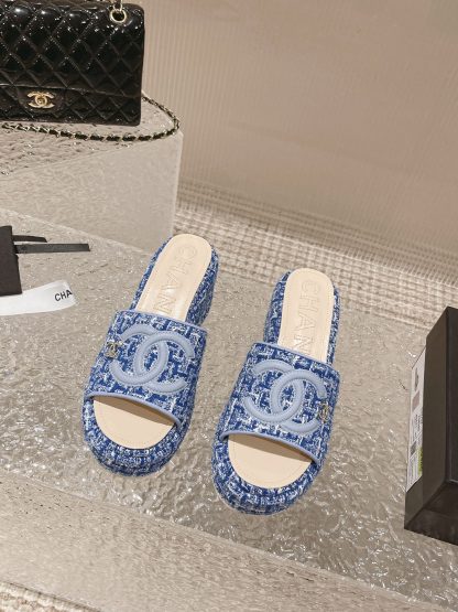 Chanel summer classic blue double c design stylish and comfortable slippers front 3cm back 7cm