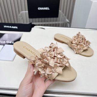Chanel Spring/Summer Dancing Shoes Series Beige Apricot Slim Retro Feeling Custom Flower Slippers Heel Height 1.5cm
