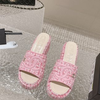 Chanel summer classic pink double c design stylish and comfortable slippers front 3cm back 7cm