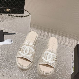 Chanel summer classic beige double c design stylish and comfortable slippers front 3cm back 7cm