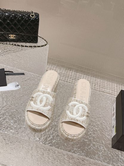 Chanel summer classic beige double c design stylish and comfortable slippers front 3cm back 7cm