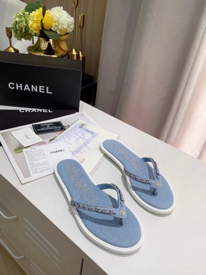Chanel Spring New Denim Blue Chain Flip Flops