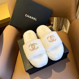 Chanel new white pure natural lambswool slippers