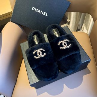 Chanel new black pure natural lambswool slippers