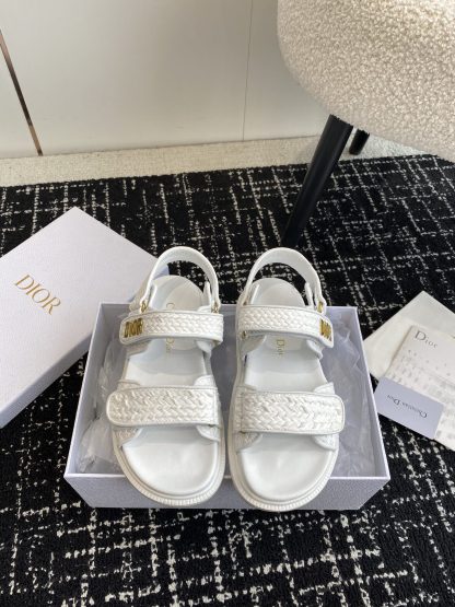 Dior white Velcro strap woven flat sandals