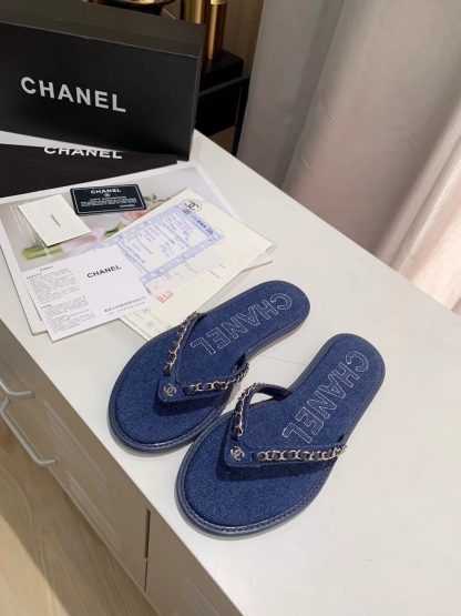 Chanel Spring New Dark Blue Chain Flip-Flops