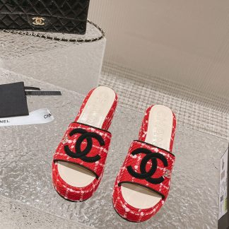 Chanel summer classic red and black double C design stylish and comfortable slippers front 3cm back 7cm