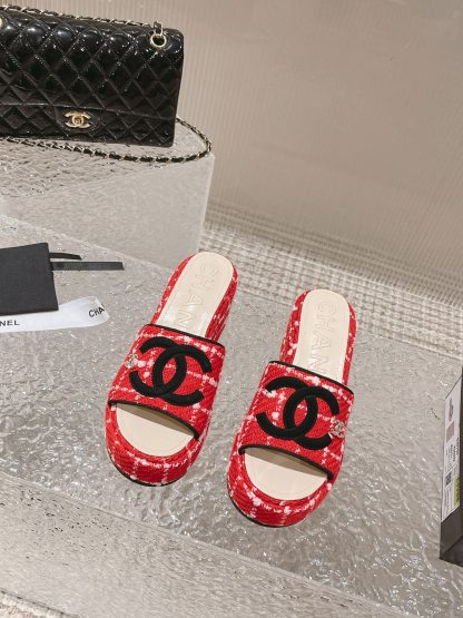 Chanel summer classic red and black double C design stylish and comfortable slippers front 3cm back 7cm