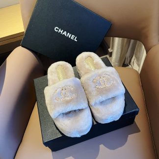 Chanel new apricot pure natural lambswool slippers