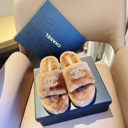 Chanel new coffee brown pure natural lambswool slippers