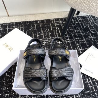 Dior black Velcro strap woven flat sandals