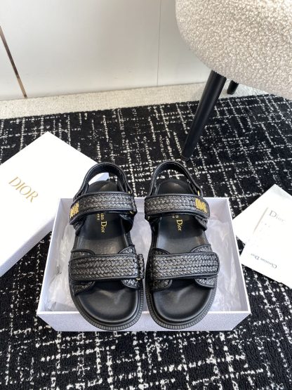 Dior black Velcro strap woven flat sandals