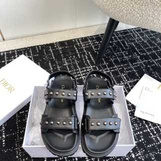 Dior black Velcro strap rivet flat sandals