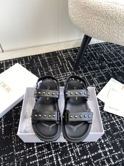 Dior black Velcro strap rivet flat sandals