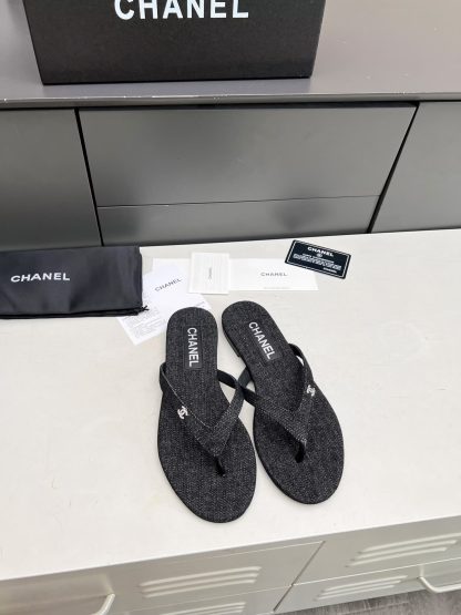 Chanel Spring/Summer Black Leather Denim Flip-Flops