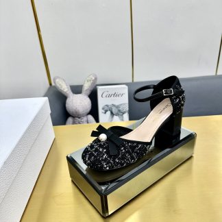 Dior pearl buckle chunky heel bowknot high heels