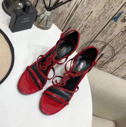 YSL Bright Red Logo Letter Metal Buckle Decorative High Heel Sandals - Image 2