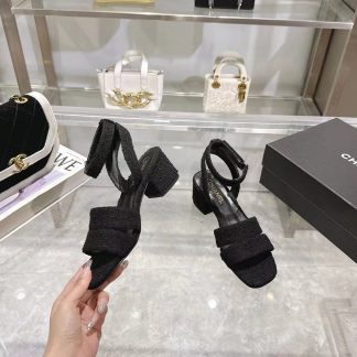 Chanel black spring and summer new embroidered Linge classic sandals, heel height 5cm