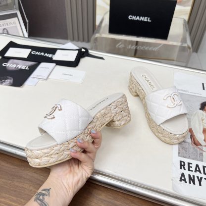 Chanel denim white spring and summer dancing shoes series slimming sandals with a heel height of 6.5cm - Image 2