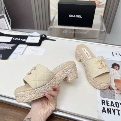 Chanel denim apricot spring and summer dancing shoes series slimming sandals with a heel height of 6.5cm - Image 2