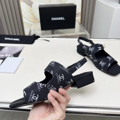 Chanel Spring and Summer Dance Shoes Series New Black Chunky Heel White Printed Sandals Heel Height 2cm - Image 2