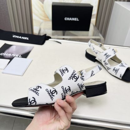 Chanel Spring and Summer Dance Shoes Series New White Chunky Heel Black Print Sandals Heel Height 2cm - Image 2