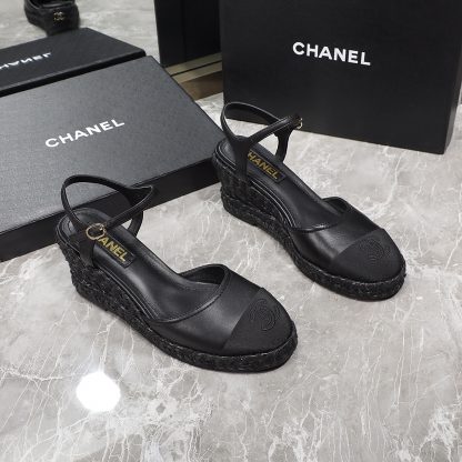 Chanel black hemp rope outsole wedge heel fashionable sandals heel height 7cm - Image 2