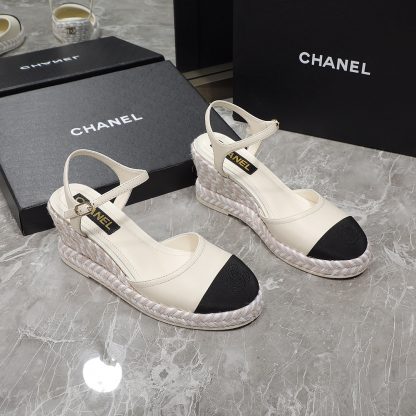 Chanel beige contrast color hemp rope wedge heel fashionable sandals heel height 7cm - Image 2