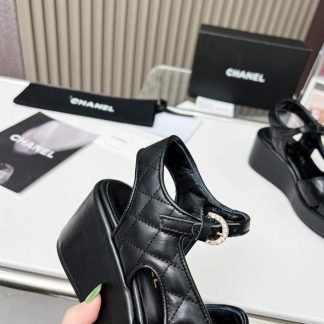 Chanel black platform wedge heel thick-soled summer sandals