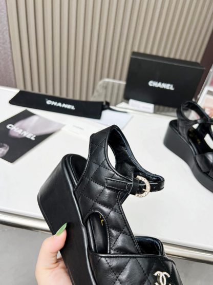 Chanel black platform wedge heel thick-soled summer sandals