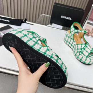 Chanel green and white platform wedge heel thick-soled summer sandals