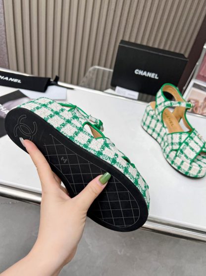 Chanel green and white platform wedge heel thick-soled summer sandals