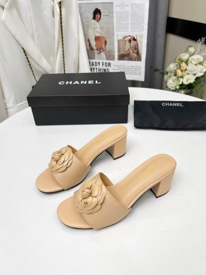 Chanel Apricot Custom Printed Fabric Lambskin Sandals - Image 2