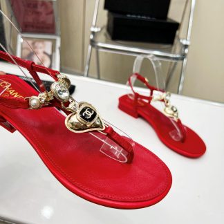Chanel Pearl Heart Elegant Red Sandals Heel Height 3cm