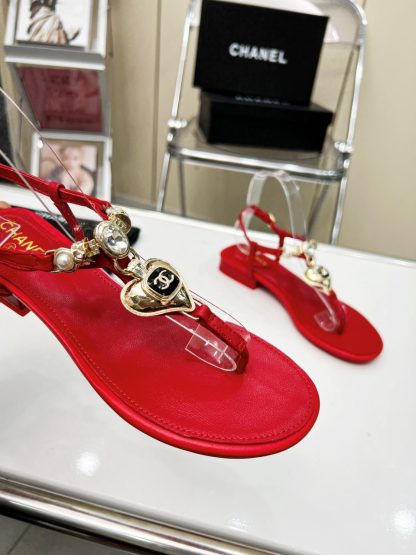 Chanel Pearl Heart Elegant Red Sandals Heel Height 3cm