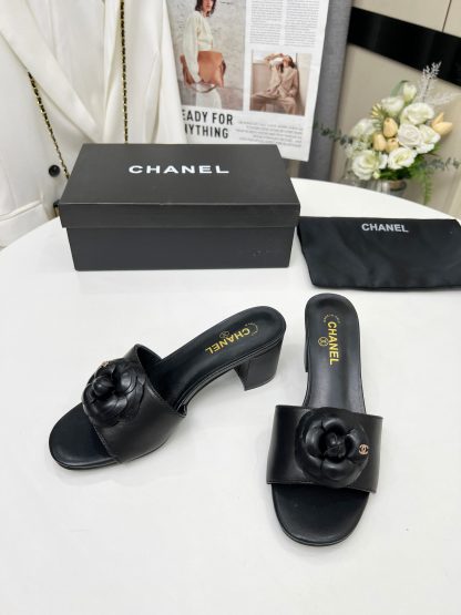 Chanel New Camellia Black Fabric Lambskin Sandals - Image 2