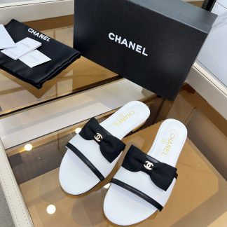 Chanel Spring and Summer White with Cute Bow Flat Sandals