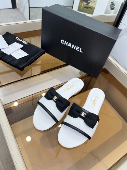 Chanel Spring and Summer White with Cute Bow Flat Sandals