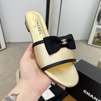 Chanel Spring and Summer Gold with Cute Bow Flat Sandals