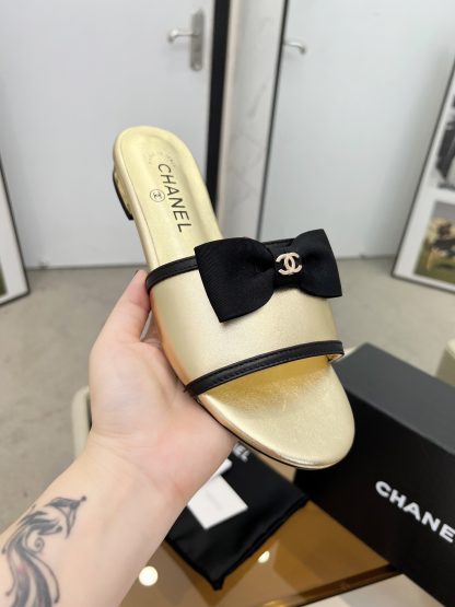 Chanel Spring and Summer Gold with Cute Bow Flat Sandals