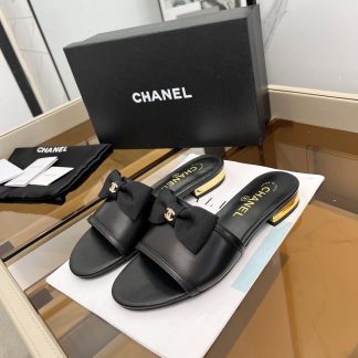 Chanel Spring and Summer Black with Cute Bow Flat Sandals