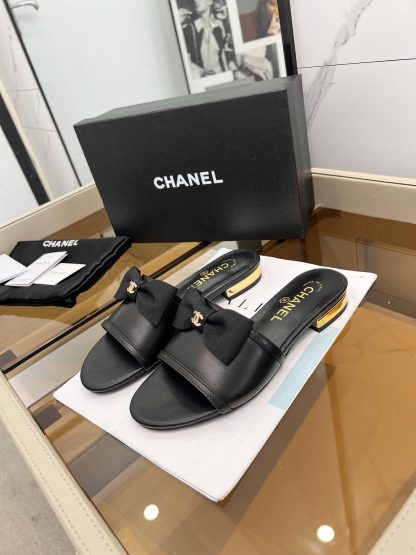 Chanel Spring and Summer Black with Cute Bow Flat Sandals